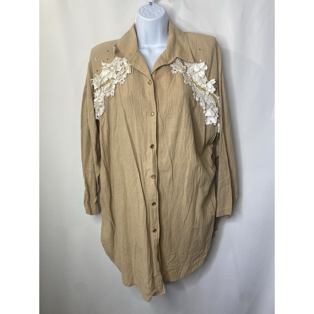 Vintage‎ Or-lee Women's Button Up Size Large Cottagecore Flower Pearls Lace Glam